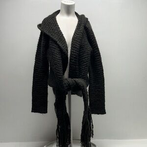Max Mara Cardigan Sweater Hooded Open Knit Attached Scarf Wool Mohair Gray Small